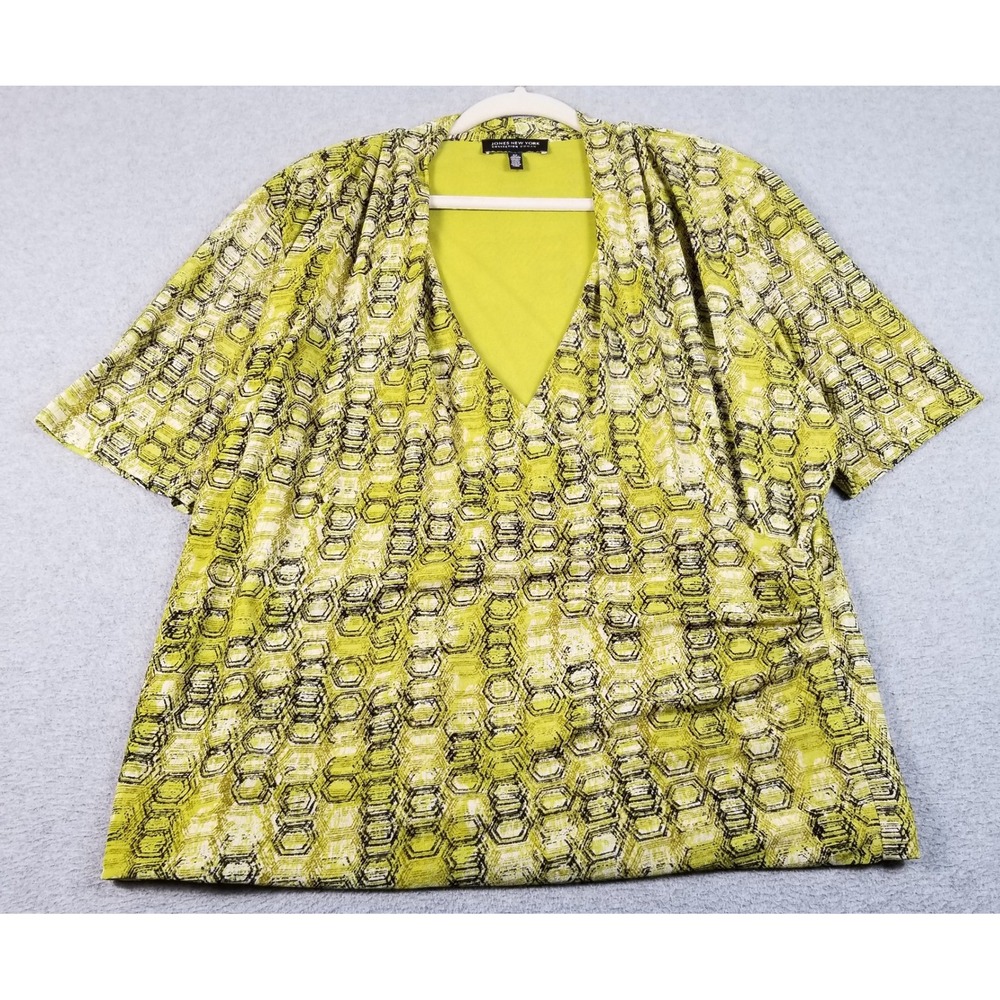 Jones New York Blouse Woman 3X Plus Geometric V-Neck Short Sleeve Wrap Top Mesh